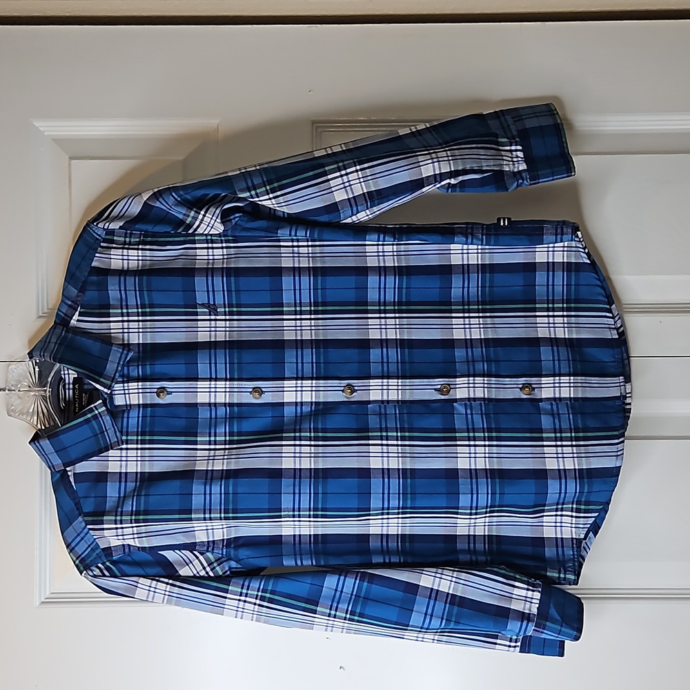 Nautical Boy Blue Green Gray Button Down Long Sleeve Shirt Sz M 10/12